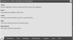 Picture from Adobe eBook Reader, showing a "permission page" with "Copy", "Print", "Lend", "Give" and "Read Aloud"